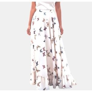 White Satin Butterfly Maxi Skirt Sz 2XL Quiet Luxury Romantic Summer Garden Chic